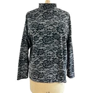 ERIKA Womens Velour Mock Neck Shirt Black Floral Lace Look Long Sleeve M